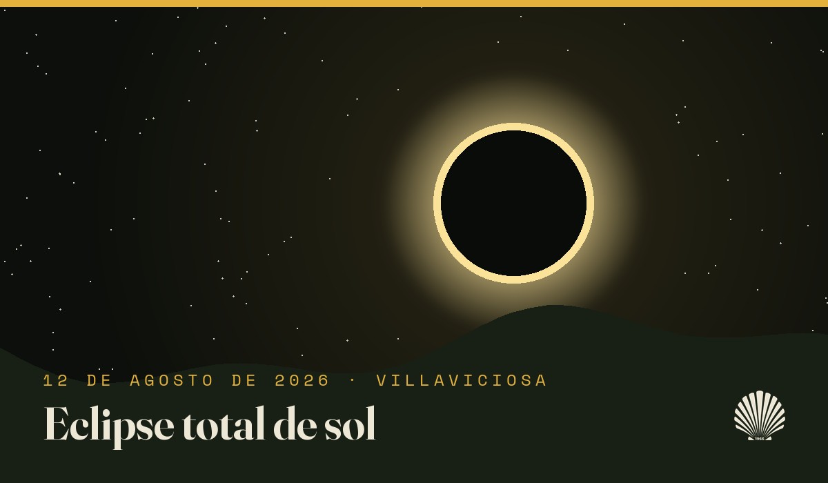 Recreación del eclipse total sobre el horizonte de Villaviciosa, con la corona solar visible